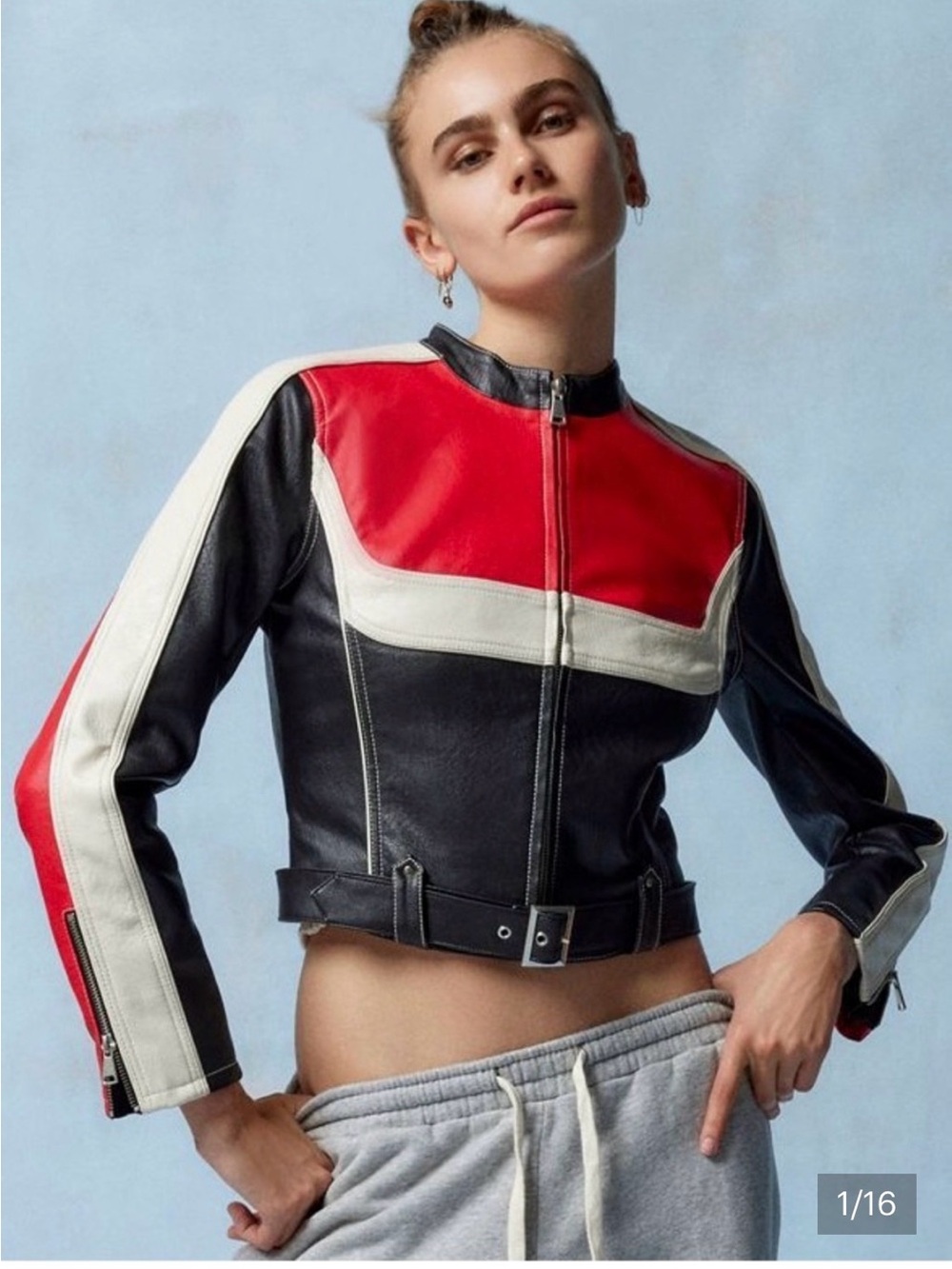Urban Outfitters Black, Red & White Leather Moto Jacket size M - Picture 2 of 11